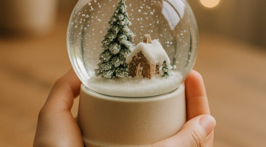 Mains tenant une boule de neige avec une maison enneigée et un sapin