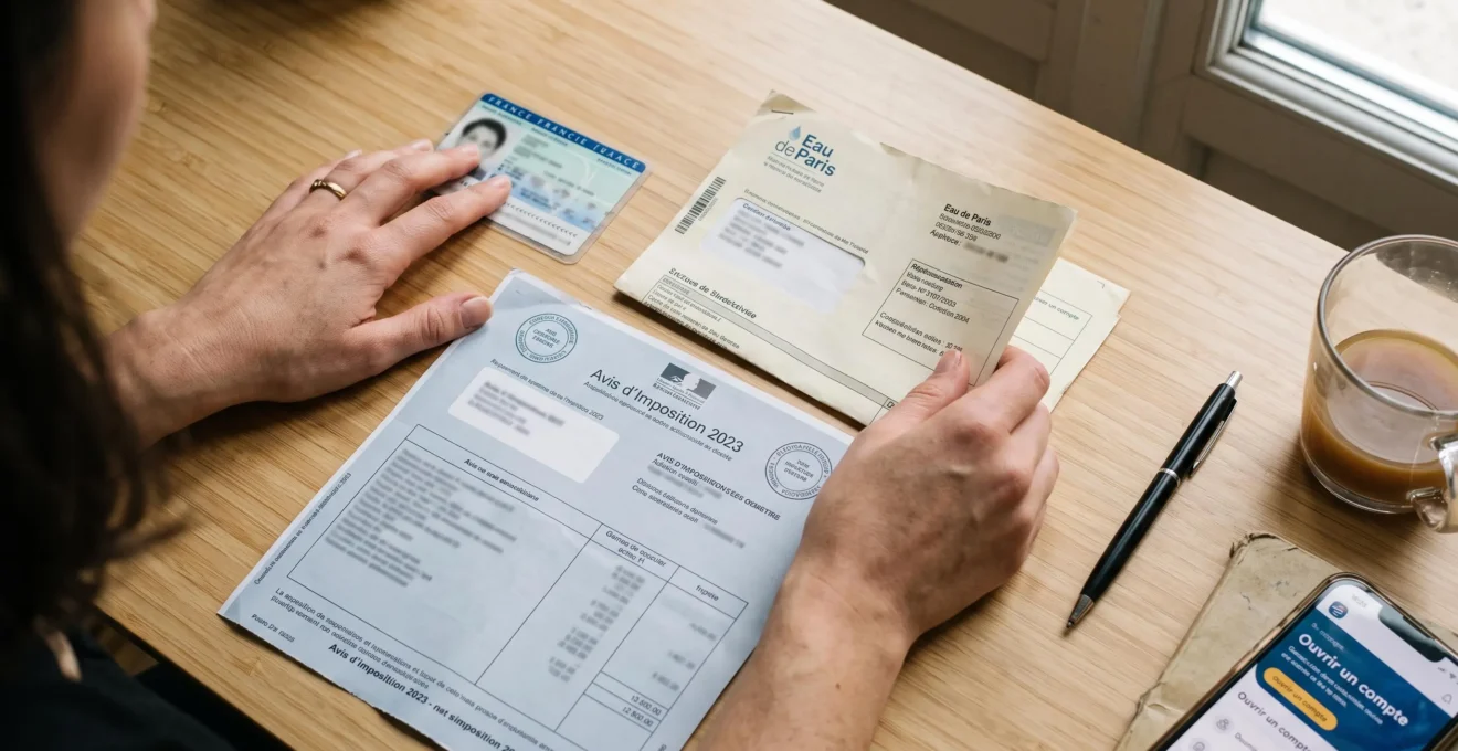 Des mains organisent des documents administratifs nécessaires à l'ouverture d'un compte bancaire sur un bureau, incluant pièce d'identité et justificatifs