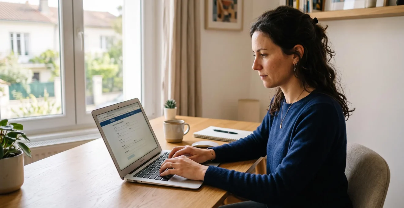 Une personne remplit un formulaire d'ouverture de compte bancaire en ligne sur son ordinateur portable dans un espace de travail domestique moderne