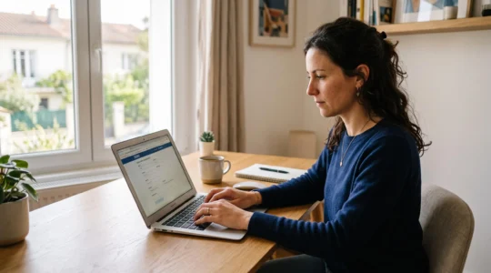 Une personne remplit un formulaire d'ouverture de compte bancaire en ligne sur son ordinateur portable dans un espace de travail domestique moderne